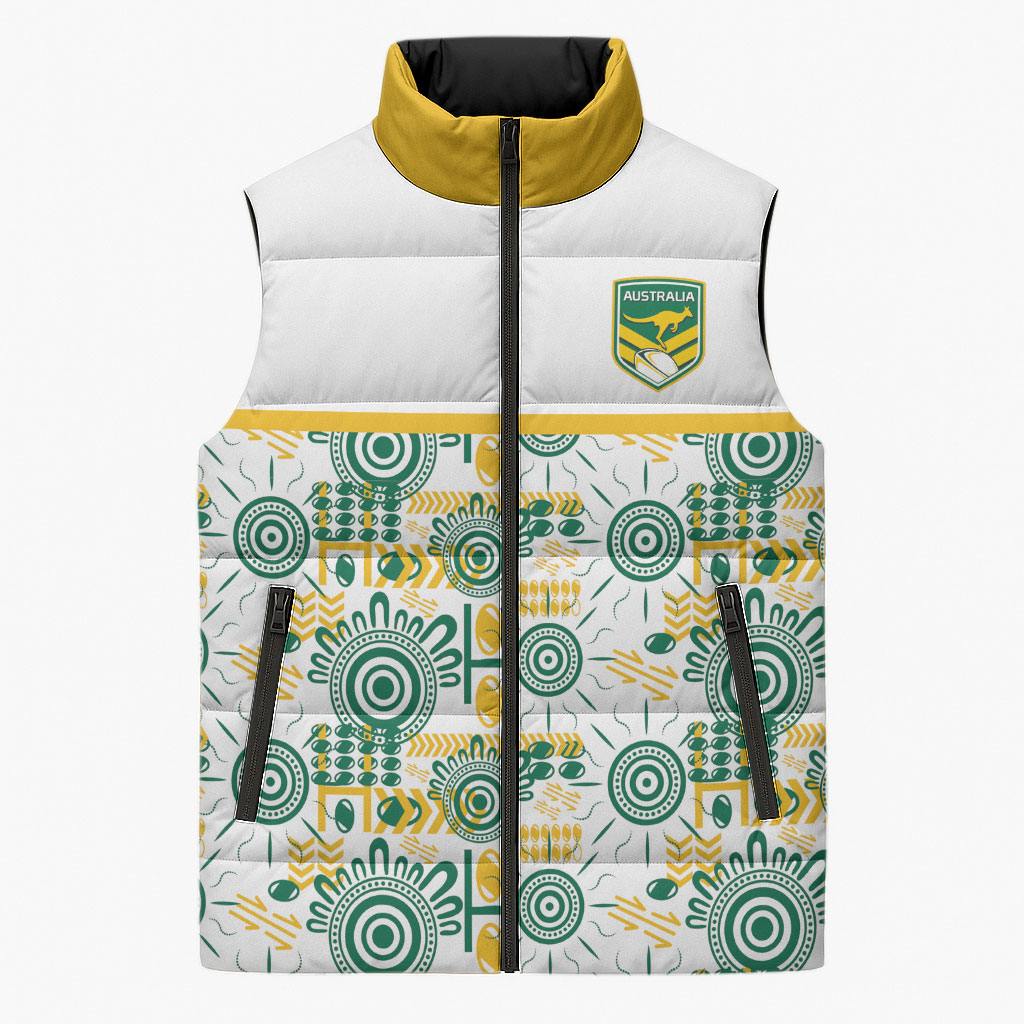 Australia Rugby Kangaroo Sleeveless Puffer Jacket White Aboriginal Dot Geometry