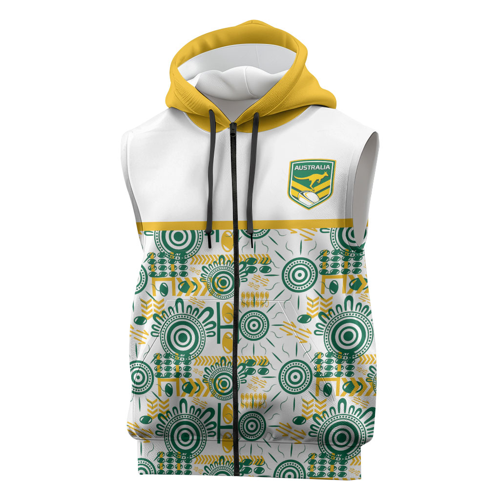 Australia Rugby Kangaroo Sleeveless Zip Hoodie White Aboriginal Dot Geometry