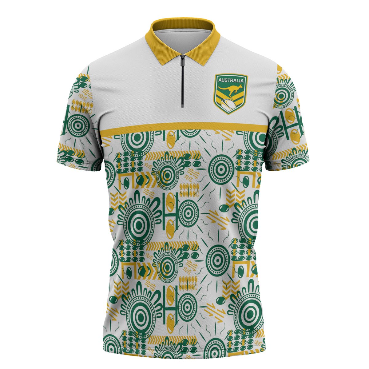 Australia Rugby Kangaroo Zipper Polo Shirt White Aboriginal Dot Geometry