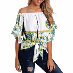 Australia Rugby Kangaroo Off Shoulder Wrap Waist Top White Aboriginal Dot Geometry
