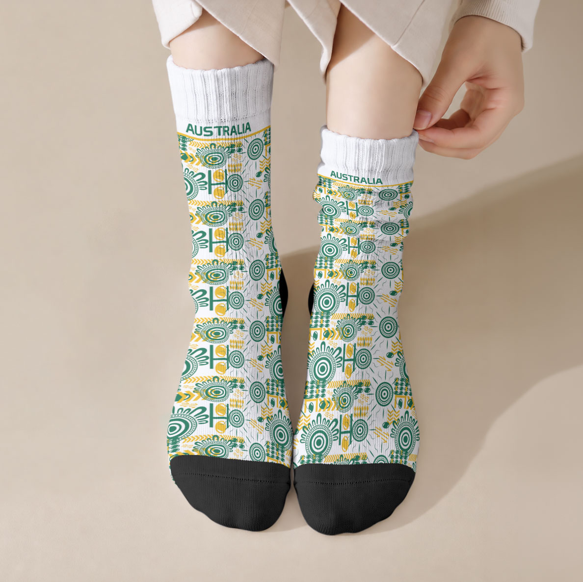 Australia Rugby Kangaroo Crew Socks White Aboriginal Dot Geometry