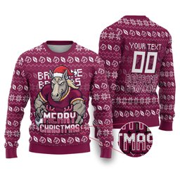 Personalized Brisbane Broncos Christmas Ugly Christmas Sweater Australian Rugby Fans - Pixelated Ugly Xmas Pattern Mascot Santa