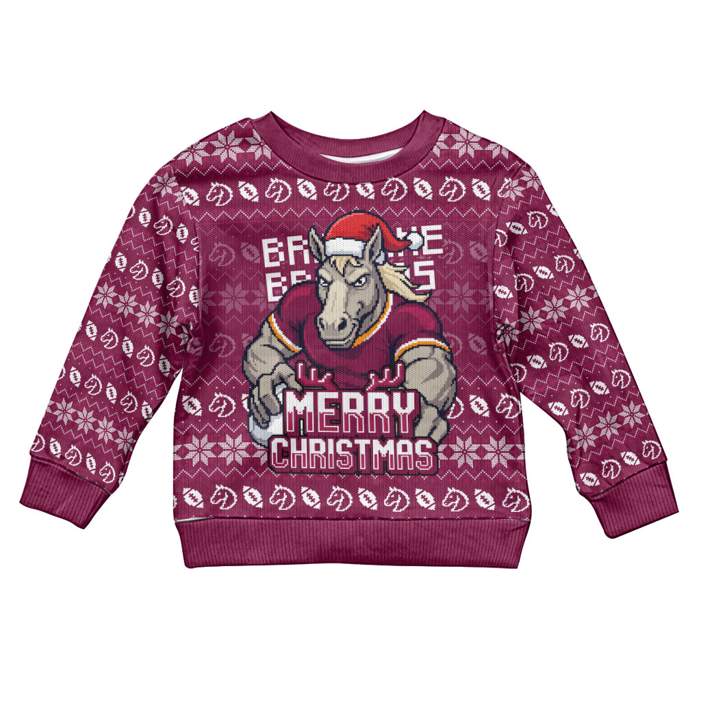 Personalized Brisbane Broncos Christmas Kid Ugly Christmas Sweater Australian Rugby Fans - Pixelated Ugly Xmas Pattern Mascot Santa
