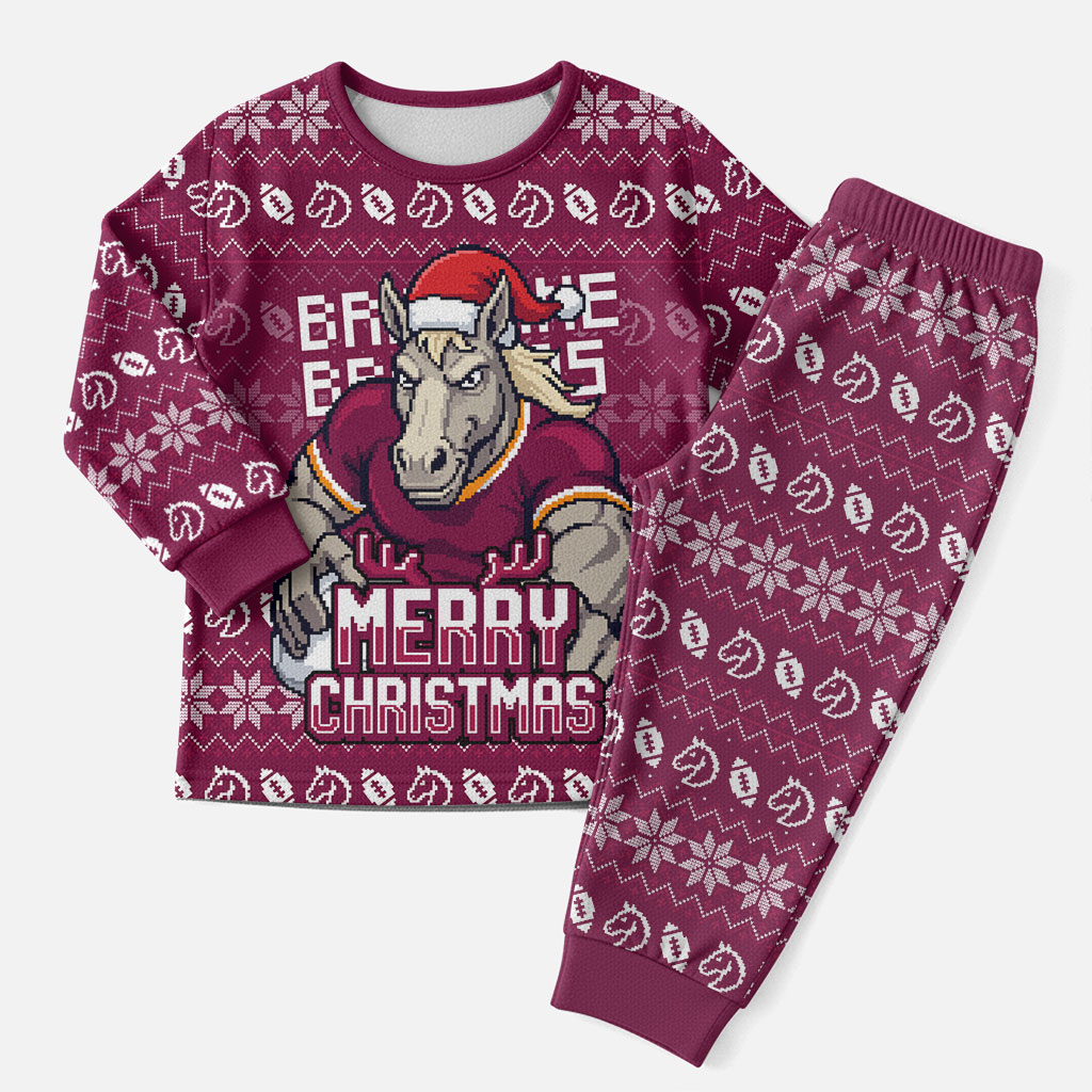 Personalized Brisbane Broncos Christmas Pajama Set Australian Rugby Fans - Pixelated Ugly Xmas Pattern Mascot Santa