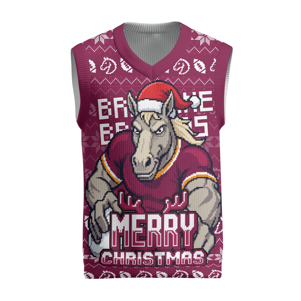 Personalized Brisbane Broncos Christmas Knitted V-Neck Vest Australian Rugby Fans - Pixelated Ugly Xmas Pattern Mascot Santa