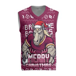 Personalized Brisbane Broncos Christmas Knitted V-Neck Vest Australian Rugby Fans - Pixelated Ugly Xmas Pattern Mascot Santa