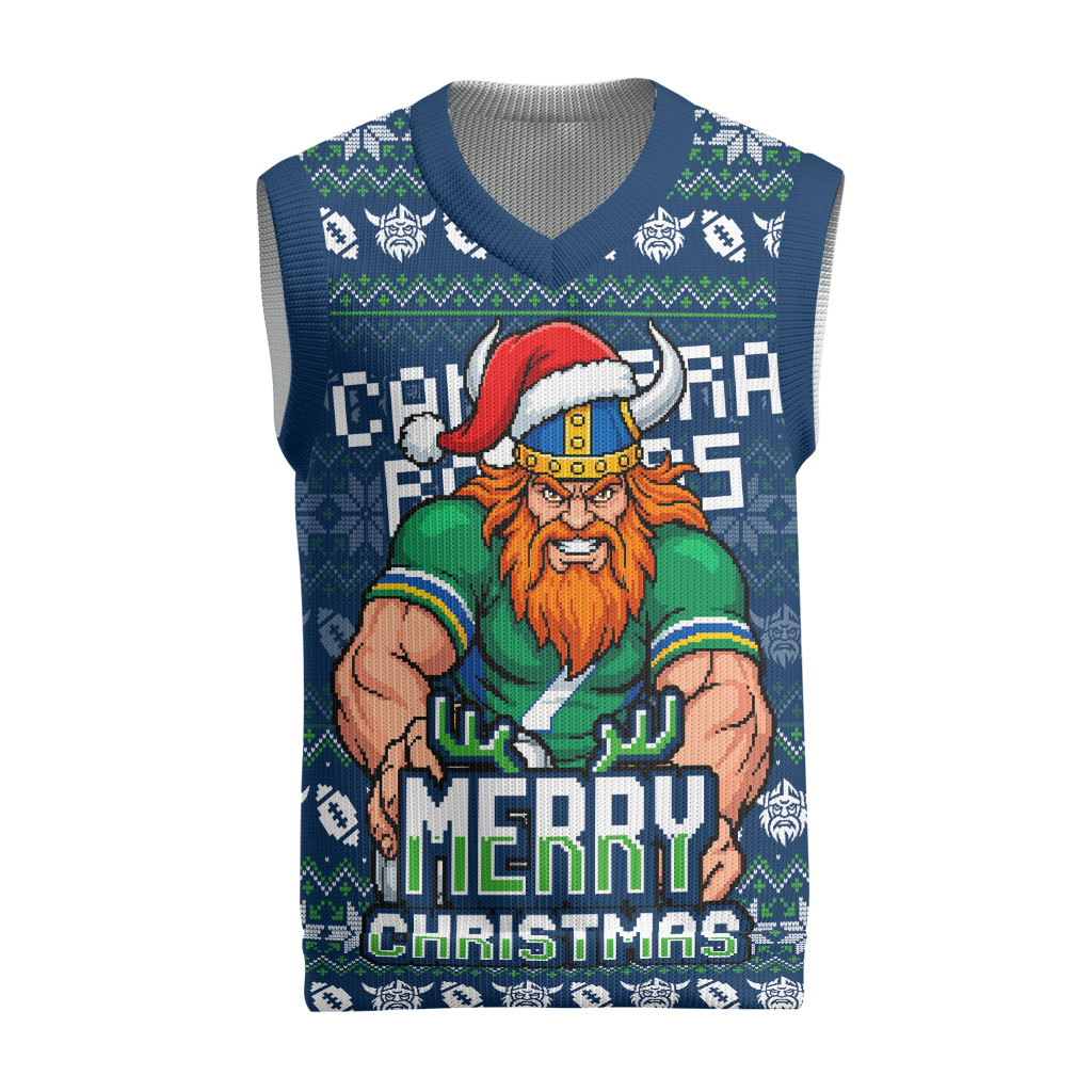 Personalized Canberra Raiders Christmas Knitted V-Neck Vest Australian Rugby Fans - Pixelated Ugly Xmas Pattern Mascot Santa