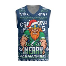 Personalized Canberra Raiders Christmas Knitted V-Neck Vest Australian Rugby Fans - Pixelated Ugly Xmas Pattern Mascot Santa