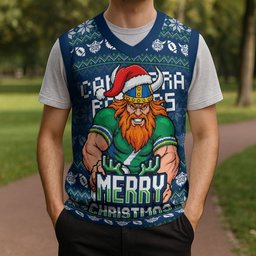 Personalized Canberra Raiders Christmas Knitted V-Neck Vest Australian Rugby Fans - Pixelated Ugly Xmas Pattern Mascot Santa