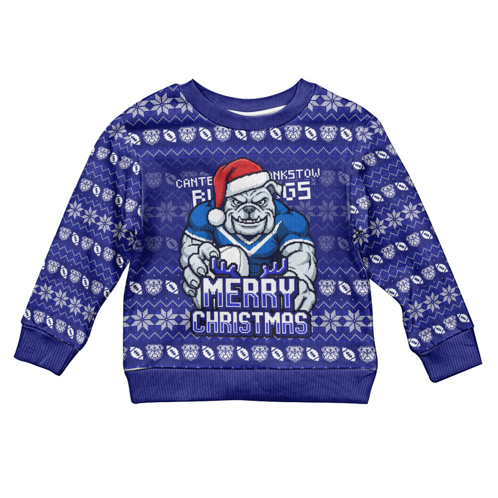 Personalized Canterbury Bulldogs Christmas Kid Ugly Christmas Sweater Australian Rugby Fans - Pixelated Ugly Xmas Pattern Mascot Santa