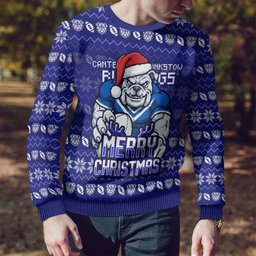 Personalized Canterbury Bulldogs Christmas Ugly Christmas Sweater Australian Rugby Fans - Pixelated Ugly Xmas Pattern Mascot Santa