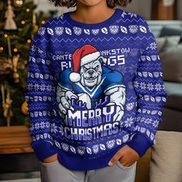 Personalized Canterbury Bulldogs Christmas Kid Ugly Christmas Sweater Australian Rugby Fans - Pixelated Ugly Xmas Pattern Mascot Santa