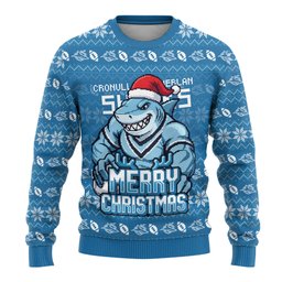 Personalized Cronulla Sharks Christmas Ugly Christmas Sweater Australian Rugby Fans - Pixelated Ugly Xmas Pattern Mascot Santa