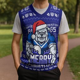 Personalized Canterbury Bulldogs Christmas Knitted V-Neck Vest Australian Rugby Fans - Pixelated Ugly Xmas Pattern Mascot Santa