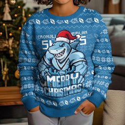 Personalized Cronulla Sharks Christmas Kid Ugly Christmas Sweater Australian Rugby Fans - Pixelated Ugly Xmas Pattern Mascot Santa