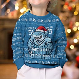 Personalized Cronulla Sharks Christmas Kid Ugly Christmas Sweater Australian Rugby Fans - Pixelated Ugly Xmas Pattern Mascot Santa
