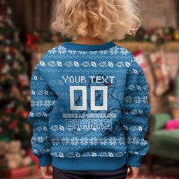 Personalized Cronulla Sharks Christmas Kid Ugly Christmas Sweater Australian Rugby Fans - Pixelated Ugly Xmas Pattern Mascot Santa