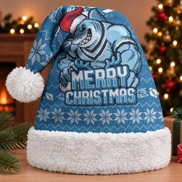 Cronulla Sharks Christmas Santa Hat Australian Rugby Fans - Pixelated Ugly Xmas Pattern Mascot Santa