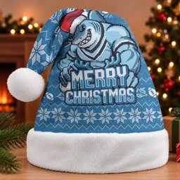 Cronulla Sharks Christmas Santa Hat Australian Rugby Fans - Pixelated Ugly Xmas Pattern Mascot Santa