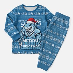 Personalized Cronulla Sharks Christmas Pajama Set Australian Rugby Fans - Pixelated Ugly Xmas Pattern Mascot Santa
