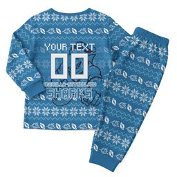 Personalized Cronulla Sharks Christmas Pajama Set Australian Rugby Fans - Pixelated Ugly Xmas Pattern Mascot Santa
