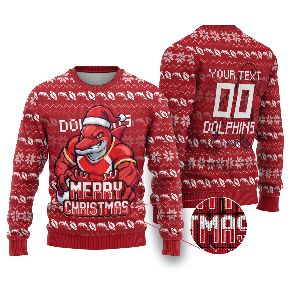Personalized Dolphins Christmas Ugly Christmas Sweater Australian Rugby Fans - Pixelated Ugly Xmas Pattern Mascot Santa