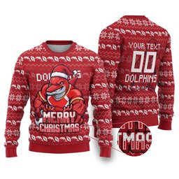Personalized Dolphins Christmas Ugly Christmas Sweater Australian Rugby Fans - Pixelated Ugly Xmas Pattern Mascot Santa