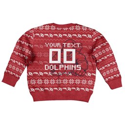 Personalized Dolphins Christmas Kid Ugly Christmas Sweater Australian Rugby Fans - Pixelated Ugly Xmas Pattern Mascot Santa