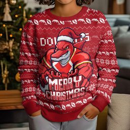 Personalized Dolphins Christmas Kid Ugly Christmas Sweater Australian Rugby Fans - Pixelated Ugly Xmas Pattern Mascot Santa