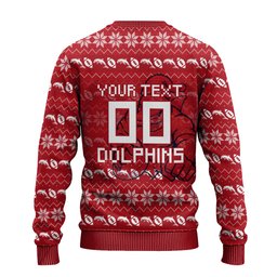 Personalized Dolphins Christmas Ugly Christmas Sweater Australian Rugby Fans - Pixelated Ugly Xmas Pattern Mascot Santa