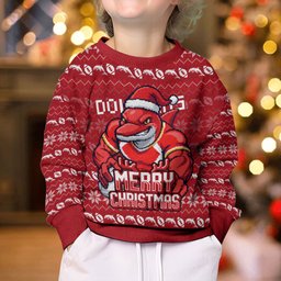 Personalized Dolphins Christmas Kid Ugly Christmas Sweater Australian Rugby Fans - Pixelated Ugly Xmas Pattern Mascot Santa