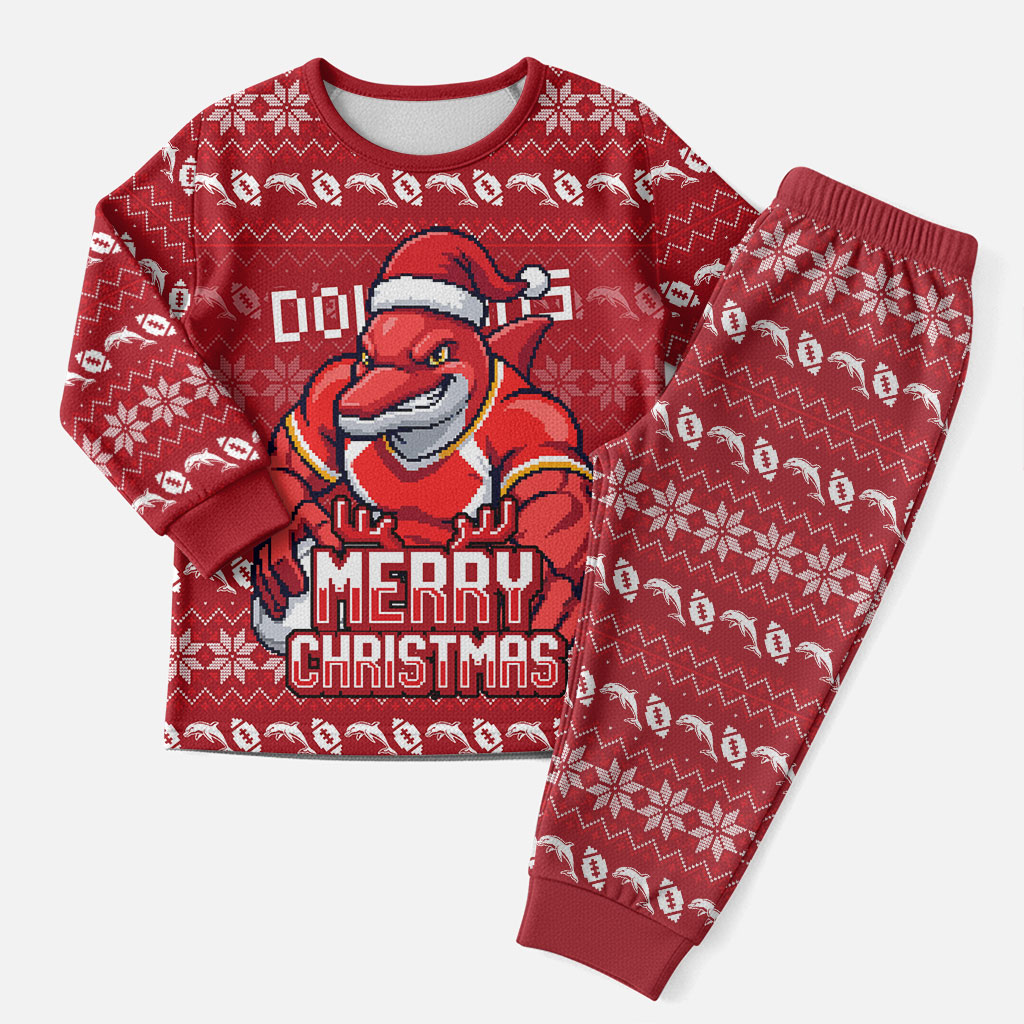 Personalized Dolphins Christmas Pajama Set Australian Rugby Fans - Pixelated Ugly Xmas Pattern Mascot Santa