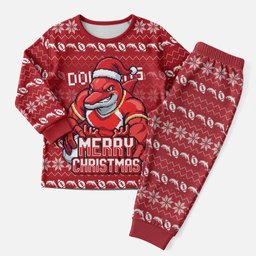 Personalized Dolphins Christmas Pajama Set Australian Rugby Fans - Pixelated Ugly Xmas Pattern Mascot Santa