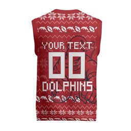 Personalized Dolphins Christmas Knitted V-Neck Vest Australian Rugby Fans - Pixelated Ugly Xmas Pattern Mascot Santa