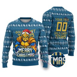 Personalized Gold Coast Titans Christmas Ugly Christmas Sweater Australian Rugby Fans - Pixelated Ugly Xmas Pattern Mascot Santa