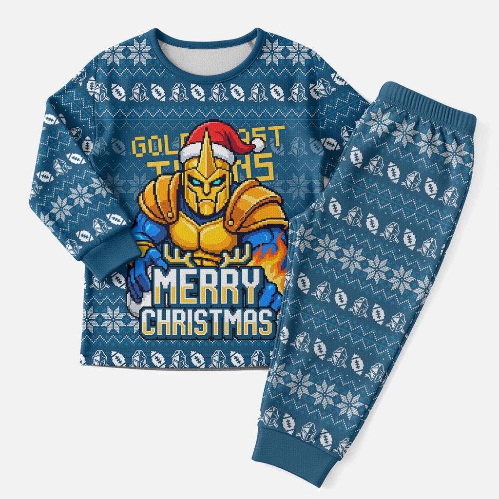 Personalized Gold Coast Titans Christmas Pajama Set Australian Rugby Fans - Pixelated Ugly Xmas Pattern Mascot Santa