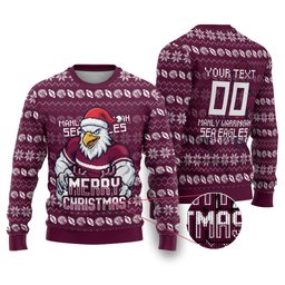 Personalized Sea Eagles Christmas Ugly Christmas Sweater Australian Rugby Fans - Pixelated Ugly Xmas Pattern Mascot Santa