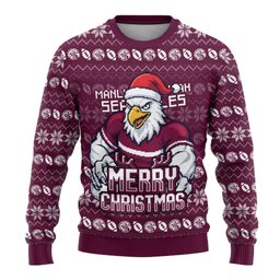 Personalized Sea Eagles Christmas Ugly Christmas Sweater Australian Rugby Fans - Pixelated Ugly Xmas Pattern Mascot Santa