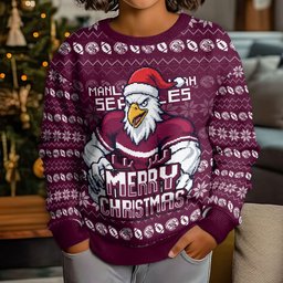 Personalized Sea Eagles Christmas Kid Ugly Christmas Sweater Australian Rugby Fans - Pixelated Ugly Xmas Pattern Mascot Santa