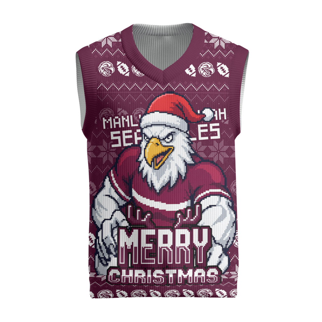 Personalized Sea Eagles Christmas Knitted V-Neck Vest Australian Rugby Fans - Pixelated Ugly Xmas Pattern Mascot Santa