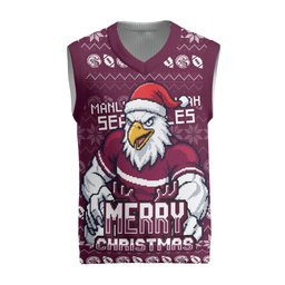 Personalized Sea Eagles Christmas Knitted V-Neck Vest Australian Rugby Fans - Pixelated Ugly Xmas Pattern Mascot Santa