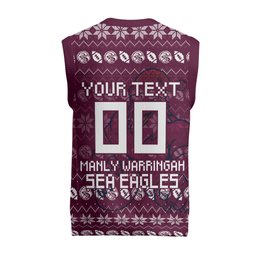 Personalized Sea Eagles Christmas Knitted V-Neck Vest Australian Rugby Fans - Pixelated Ugly Xmas Pattern Mascot Santa
