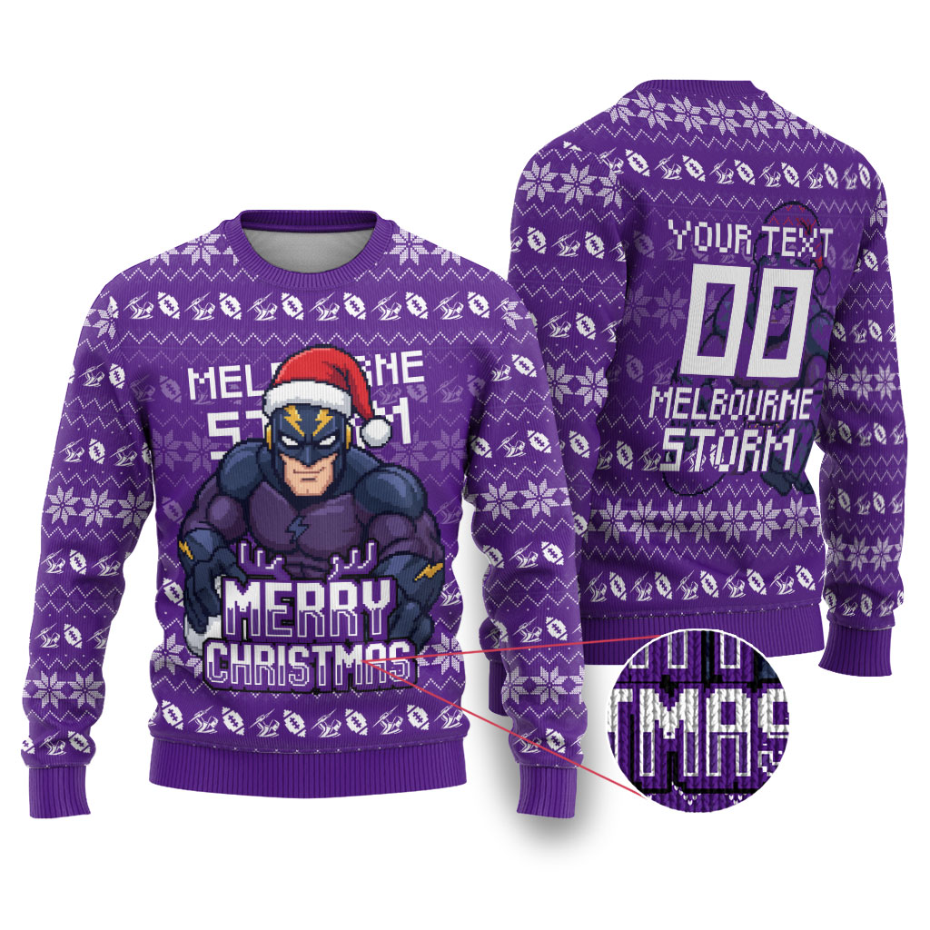 Personalized Melbourne Storm Christmas Ugly Christmas Sweater Australian Rugby Fans - Pixelated Ugly Xmas Pattern Mascot Santa