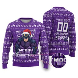 Personalized Melbourne Storm Christmas Ugly Christmas Sweater Australian Rugby Fans - Pixelated Ugly Xmas Pattern Mascot Santa