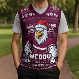 Personalized Sea Eagles Christmas Knitted V-Neck Vest Australian Rugby Fans - Pixelated Ugly Xmas Pattern Mascot Santa