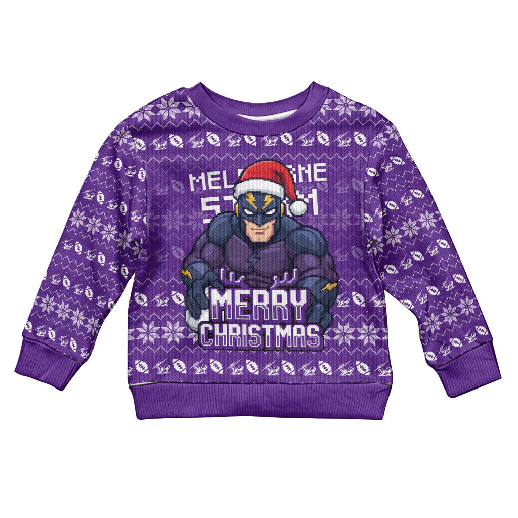 Personalized Melbourne Storm Christmas Kid Ugly Christmas Sweater Australian Rugby Fans - Pixelated Ugly Xmas Pattern Mascot Santa