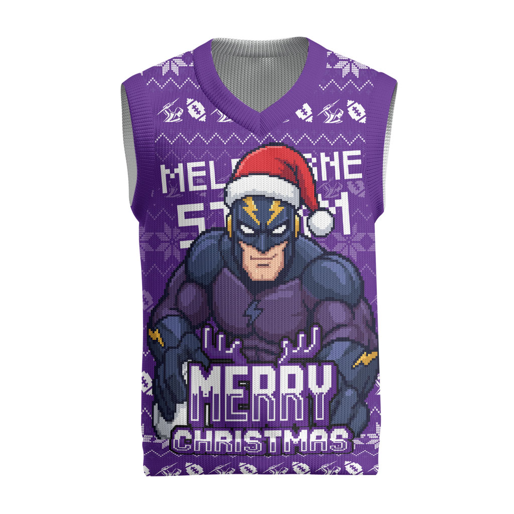 Personalized Melbourne Storm Christmas Knitted V-Neck Vest Australian Rugby Fans - Pixelated Ugly Xmas Pattern Mascot Santa