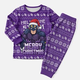 Personalized Melbourne Storm Christmas Pajama Set Australian Rugby Fans - Pixelated Ugly Xmas Pattern Mascot Santa