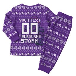 Personalized Melbourne Storm Christmas Pajama Set Australian Rugby Fans - Pixelated Ugly Xmas Pattern Mascot Santa