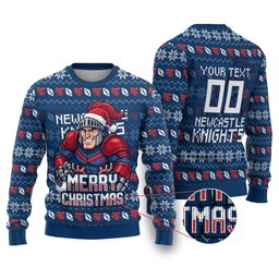Personalized Newcastle Knights Christmas Ugly Christmas Sweater Australian Rugby Fans - Pixelated Ugly Xmas Pattern Mascot Santa